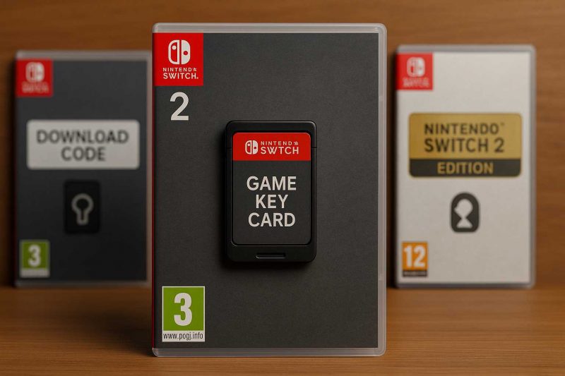 Cartuchos de Nintendo Switch 2 mostrando la diferencia entre juegos físicos completos, Game Key Cards y ediciones con código.