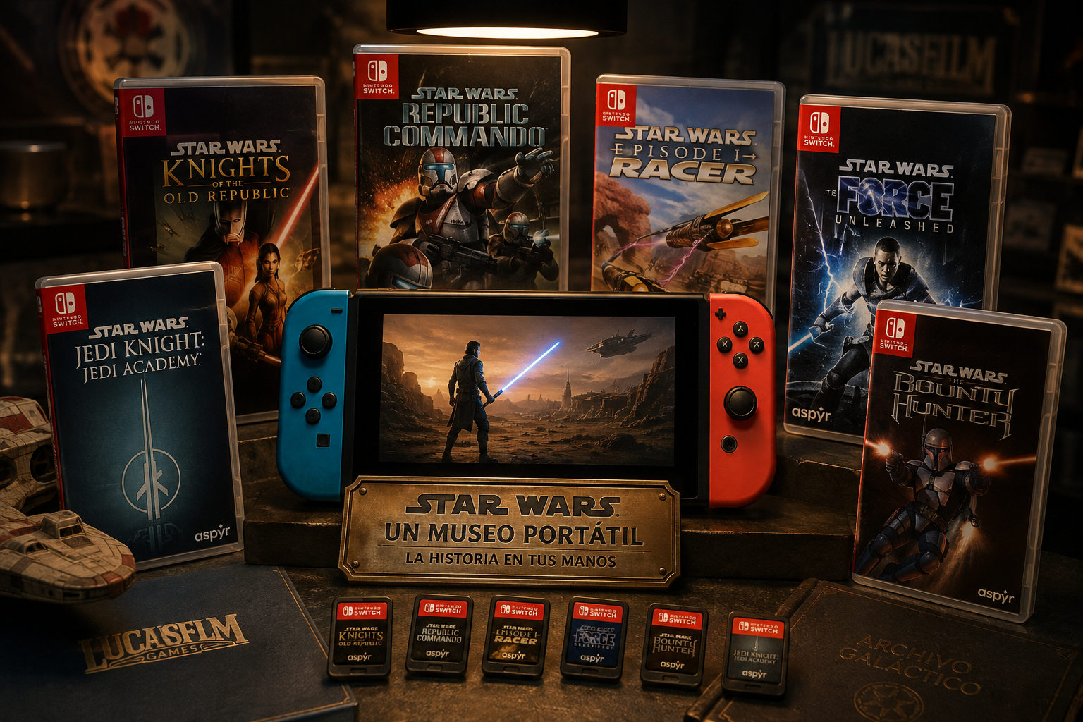 Nintendo Switch rodeada de cajas y cartuchos de clásicos de Star Wars como un museo portátil