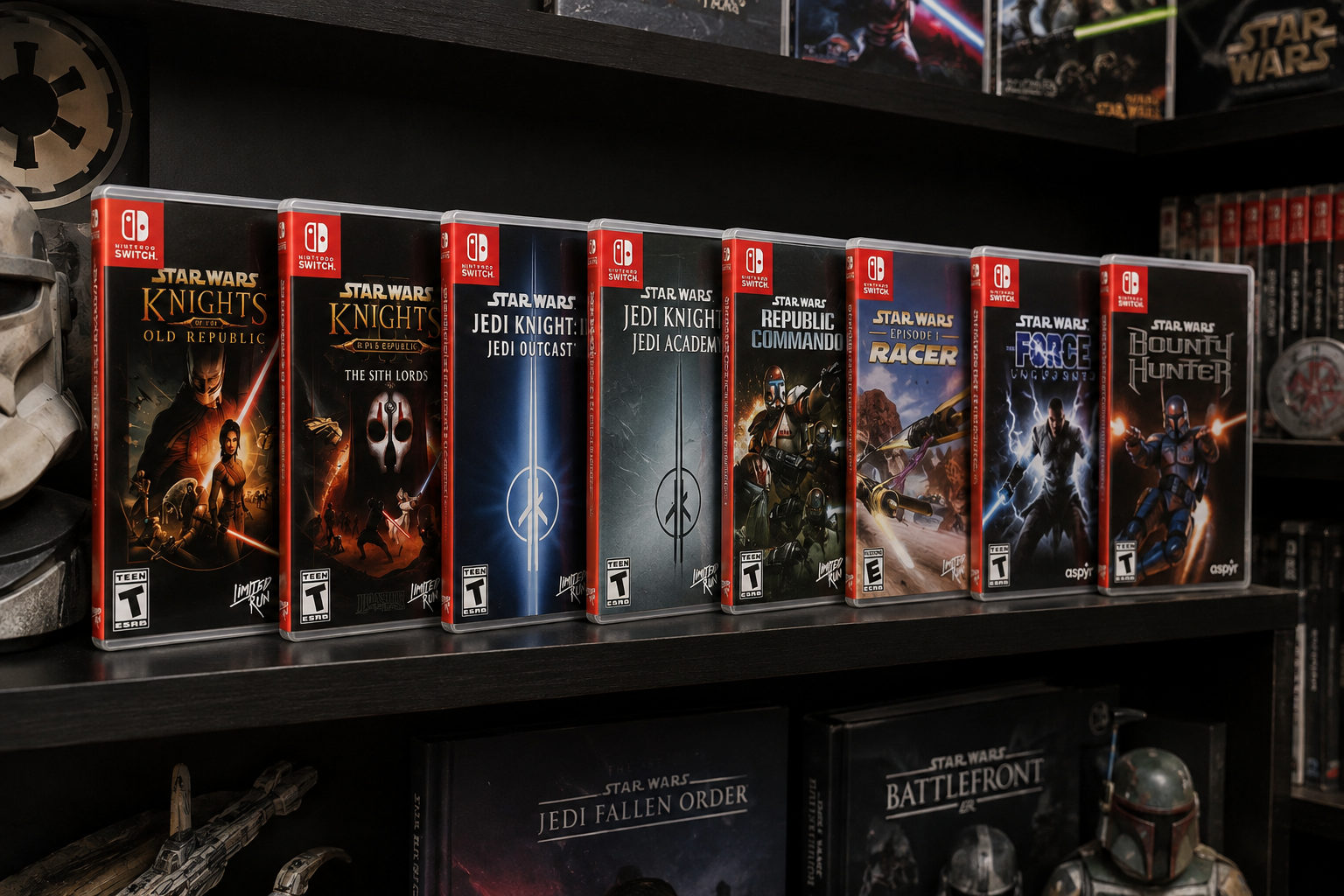 Colección física de juegos de Star Wars para Nintendo Switch presentada como una vitrina de museo
